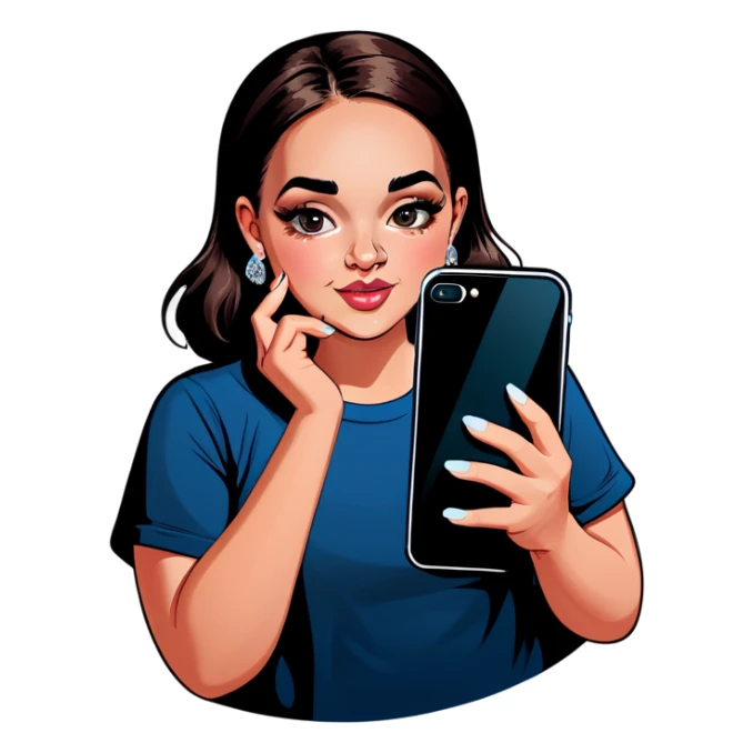 A shy slightly overweight beautiful girl with a diamond nose piercing holds her black iPhone  sticker