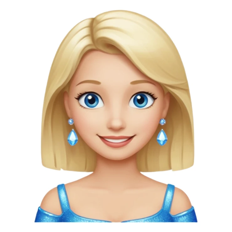 make this real, blond, below shoulder, blue eyes, 50s, sparkle in the eyes, fun, smile, no earings, relaxed style sticker