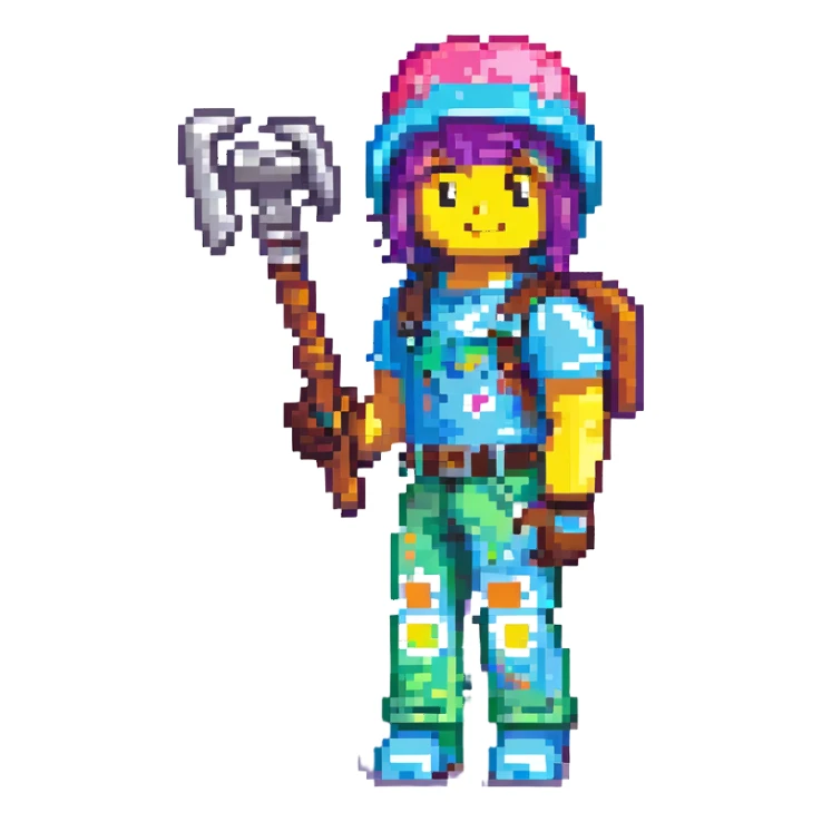 roblox character, holding a tool, playful expression, vibrant outfit sticker