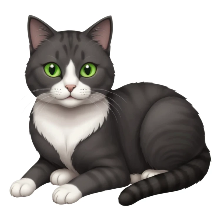 beautiful female solid dark grey cat with green eyes, white toes/paws and white patch on her chest lying down sticker