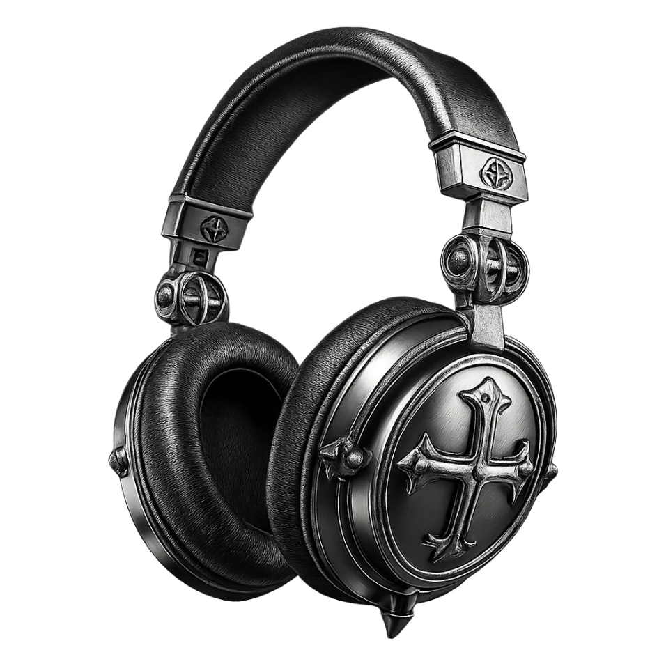 goth headphones, black with metallic details, chrome style sticker