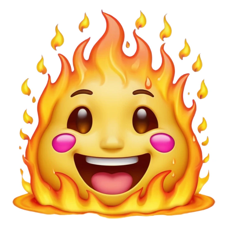 A high-resolution, surreal emoji face with a transparent background. The emoji is simultaneously laughing, crying, and melting while on fire.  sticker