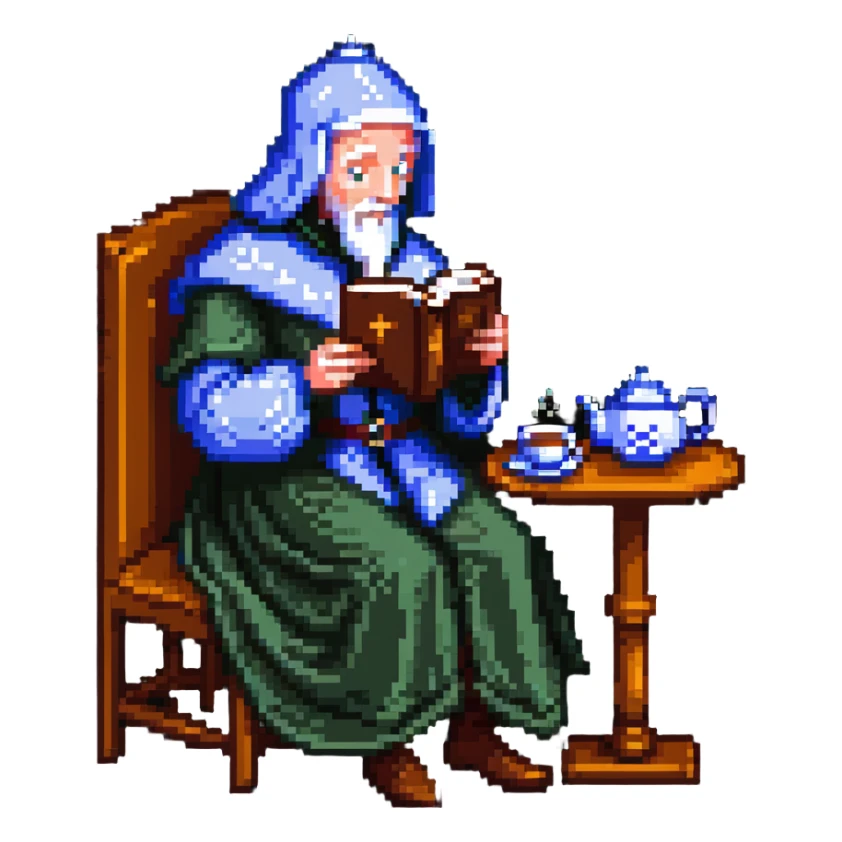 Chaucer reading and sipping tea, simple background, pixel art style sticker