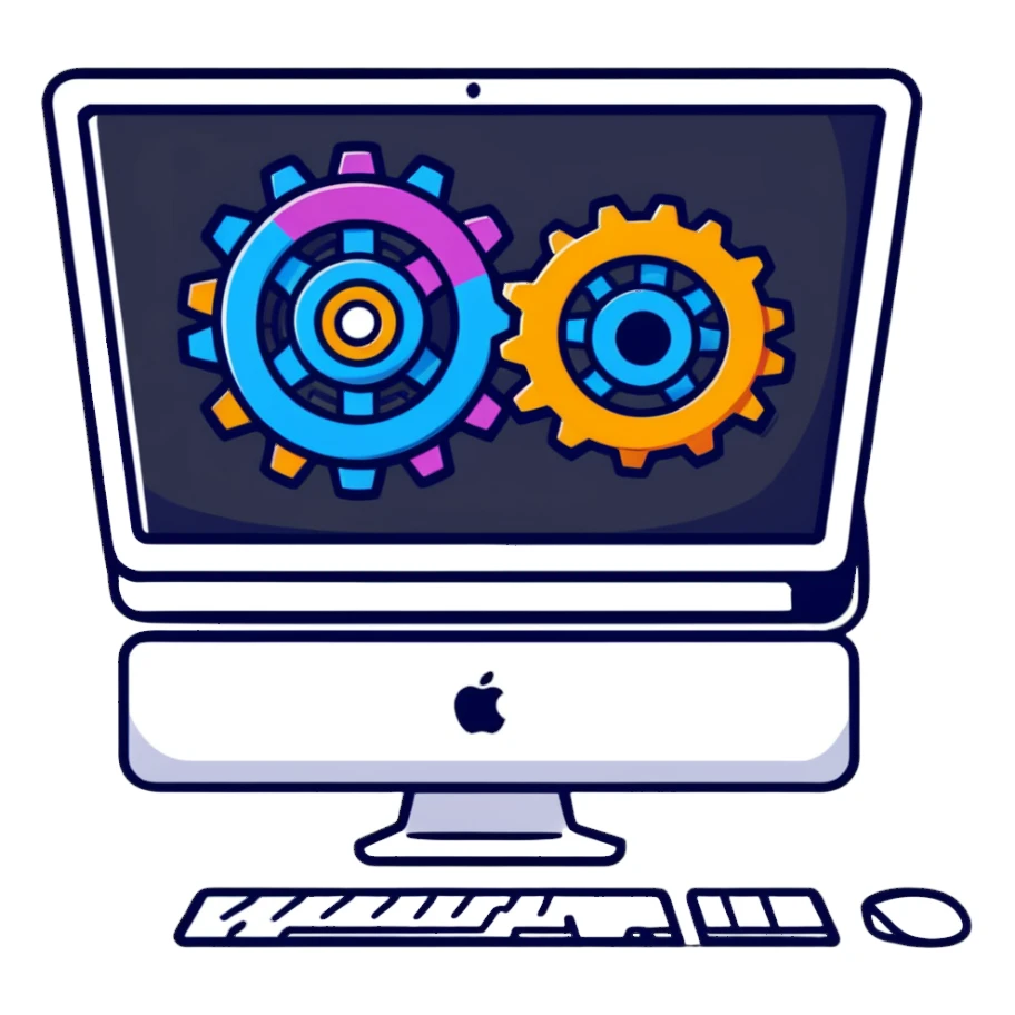 iMac computer with colorful gears on the screen sticker