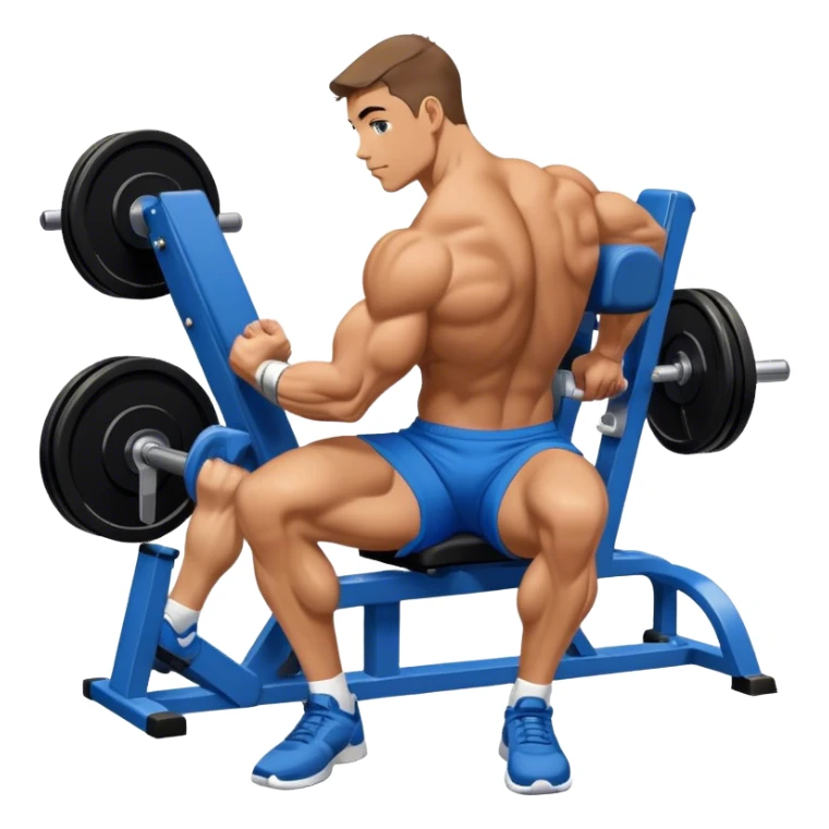 side-view bodybuilder in blue shorts seated weighted calf-raise machine on his tip toes sticker
