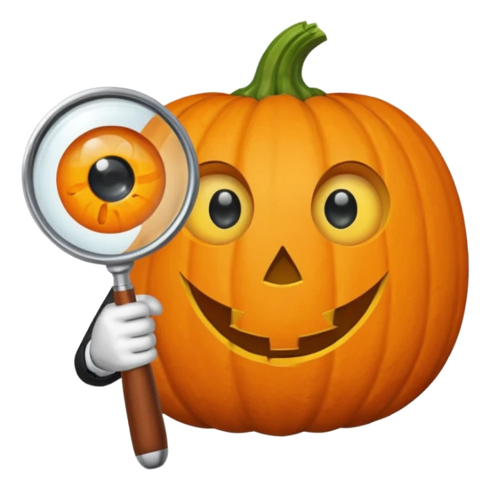 A pumpkin smiling at a magnifying glass (the magnifying glass has a suit thats black, the magnifying glass also has one eye in the middle turn the magnifying glass into a living person give the magnifying glass Normal looking eyes and give it actual arms and legs  sticker