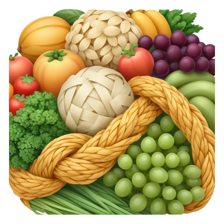 Close-up of a bundle of fiber strands intertwined with small vegetable, fruit, and grain icons, showing microscopic view of dietary fiber structure sticker