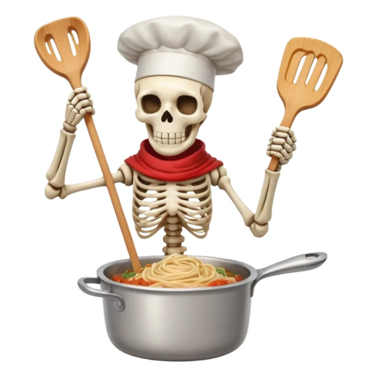 Papyrus from Undertale cooking spaghetti, tall skeleton with red scarf and white armor, enthusiastically stirring pasta in a pot, chef hat sticker