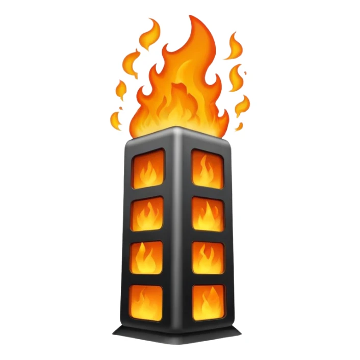 cartoonish PC tower with smoke and fire sticker