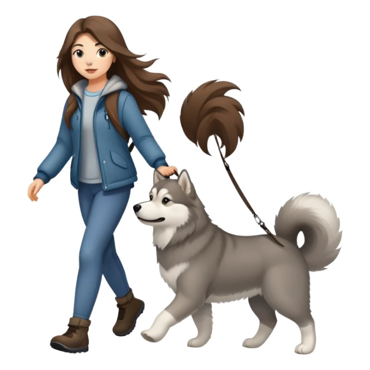 A girl with long brown hair walks a gray Alaskan sticker