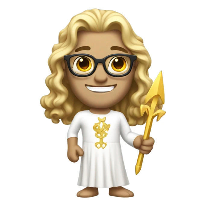 white Poseidon with gold Trident and nerd glasses. long hair white dress. smile . wink. pointing us sticker