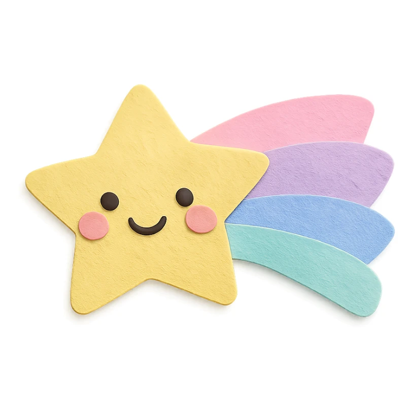 adorable pastel bright shooting star, rainbow trail, no arms or legs, full body, kawaii paper craft style sticker