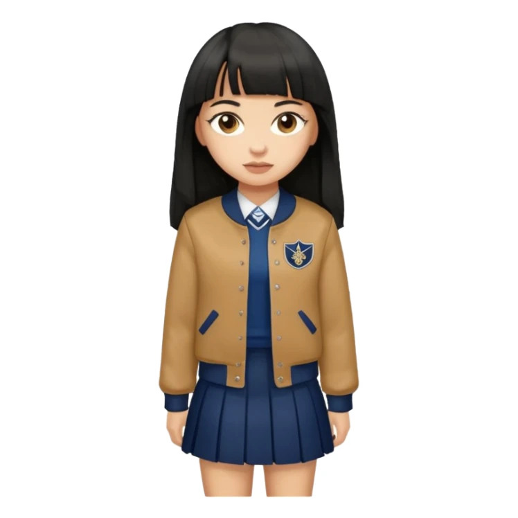 hair : black long hair with fringe 
skin : light 
cloth : brown varsity jacket + navy long long school girl skirt 


 sticker
