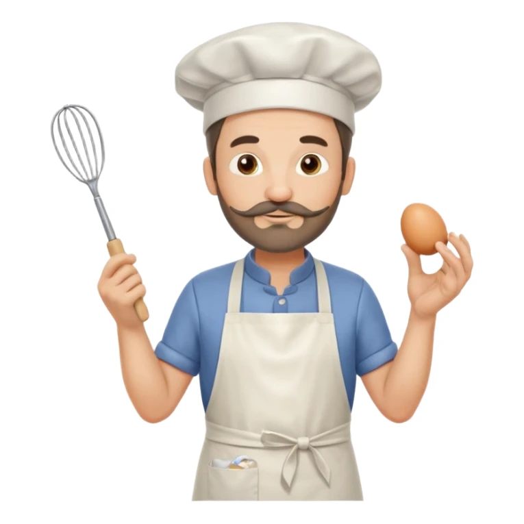 Middle aged male pastry chef - with a small beard, apron, white hat, holding an egg beater in his right hand, and his left hand naturally hanging down to his side sticker
