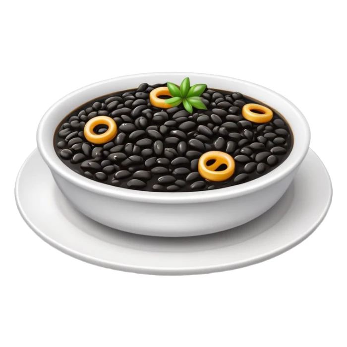 cinematic-realistic-black-risotto-dish-emoji,-showcasing-small ring pieces in black sauce -rendered-with-bold-textures-and-dynamic,-dramatic-lighting in a white plate sticker