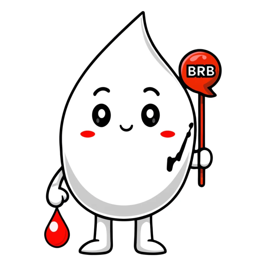 blood drop character holding a BRB sign sticker