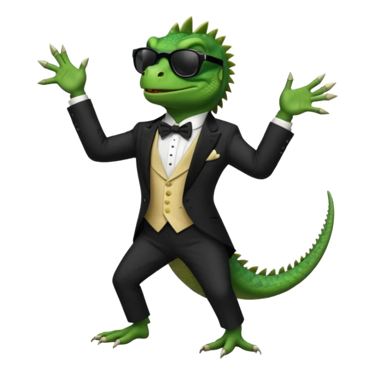 capitalist iguana banker in tuxedo and black sunglasses dancing sticker