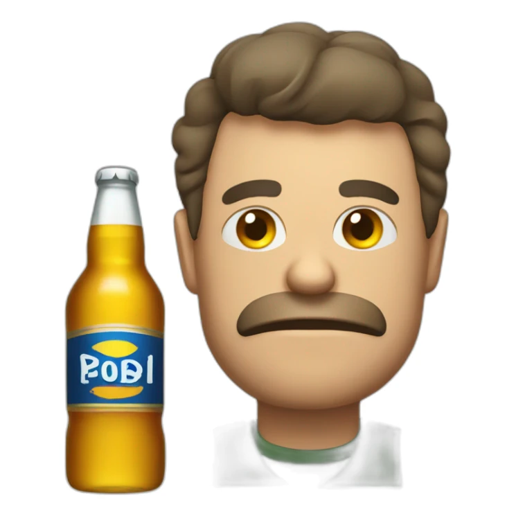 A man with a broken eye and a bottle of beer sticker