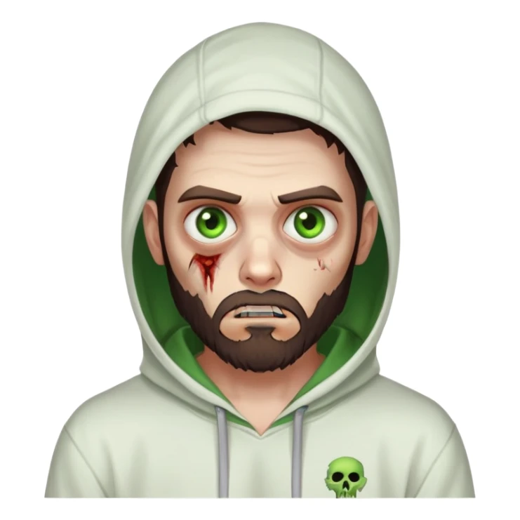 zombie pointing finger, undercut hairstyle with dark brown hair, short full beard, heterochromia with one green eye and one brown eye, wearing plain white hoodie sticker