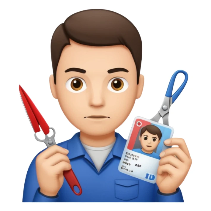 Scissors cutting man ID card in 2 parts. Realistic sticker