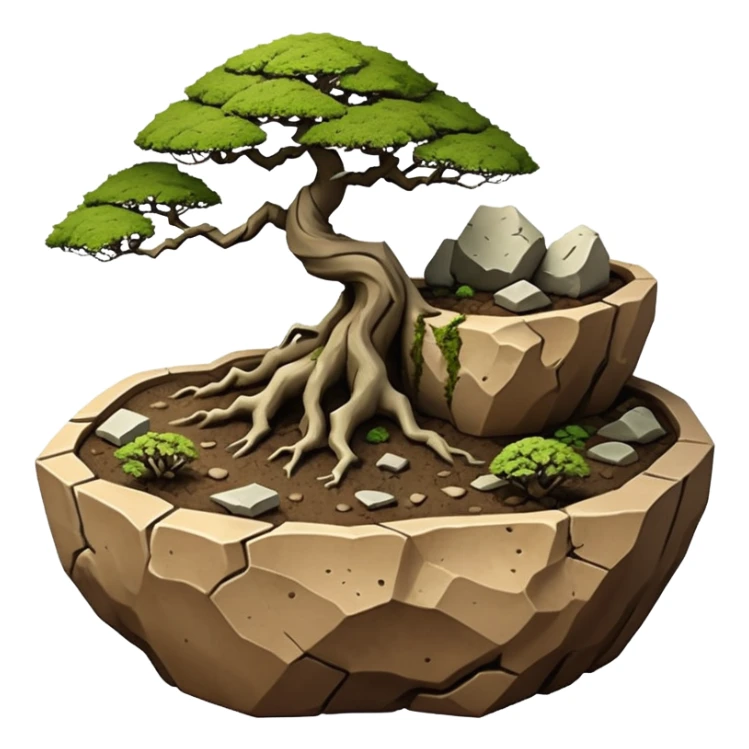 Aged Roots Stoneware akadama moss on soil irregular angular Stone Age rocks cracked crags and broken rough edges forming a very shallow Yixing bonsai pot sans(without) tree  sticker