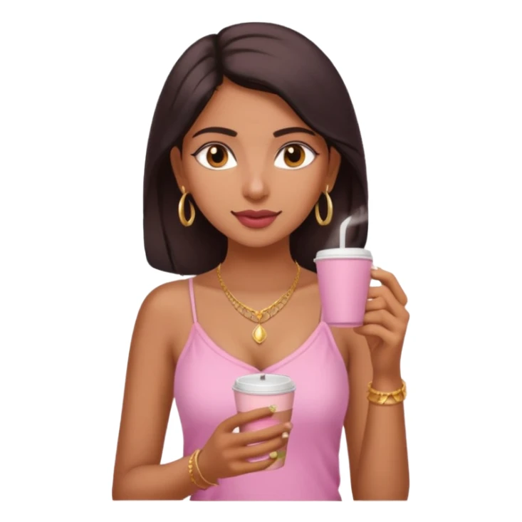 a pretty fair indian bratz girl with a pink cami top, drinking takeaway coffee, golden dainty necklace sticker