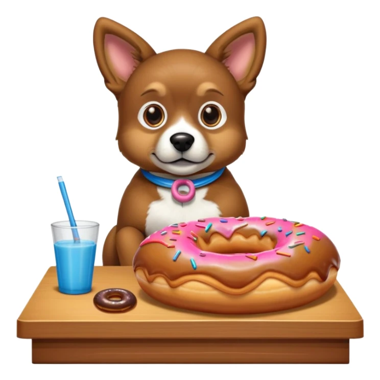 Un perro sentado en una mesa con un donut sticker