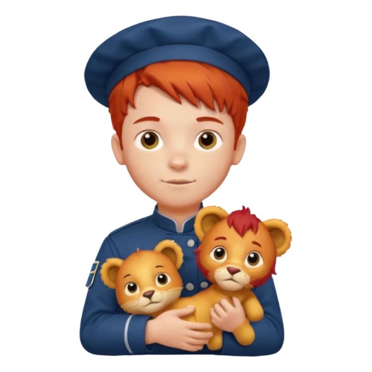 boy kid italian chef, red haired, uniform, holding plush lion sticker