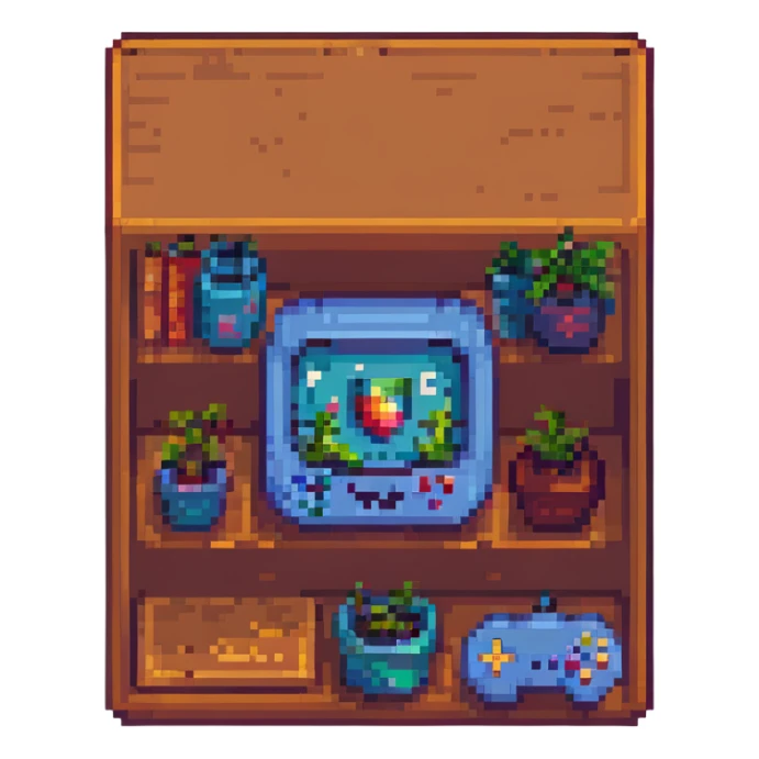 a pixel art shelf, small and blocky, classic video game look sticker