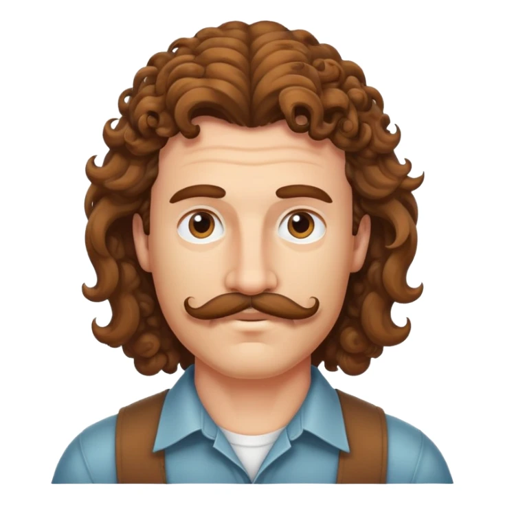Curly brown mullet with a mustache sticker