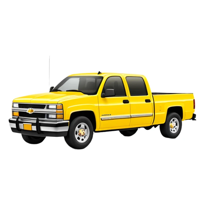 Bright yellow 1997 Chevrolet C-2500 Crew Cab Silverado pickup truck from Kill Bill movie, 30-degree angle view, iconic bright yellow color scheme, four-door crew cab, iOS emoji style sticker