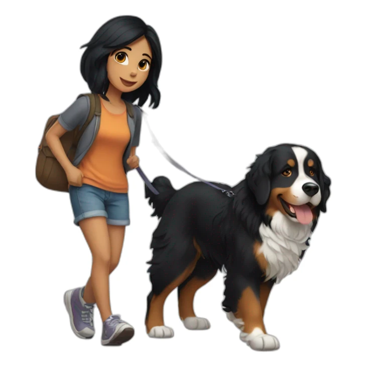 Girl with black hair walking a Bernese mountain dog  sticker