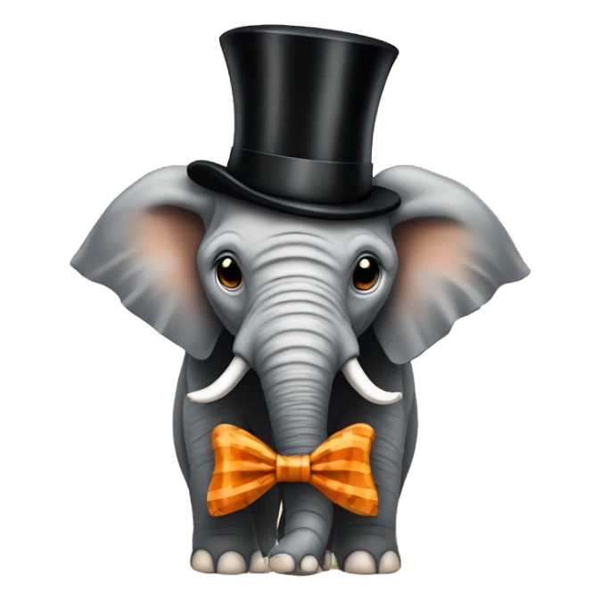 elephant with a  bow tie and top hat with an outfit that is orange and black tiger striped sticker