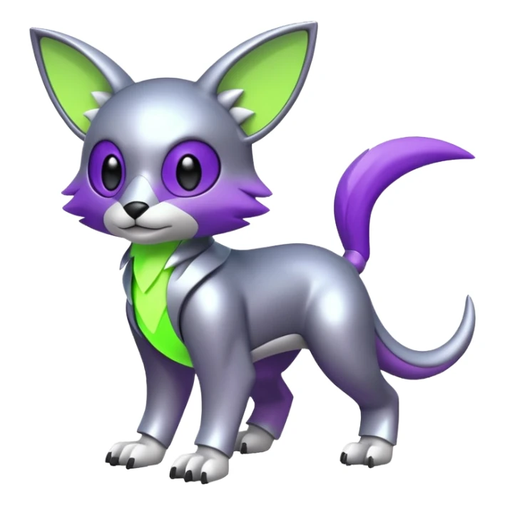 Futuristic cool shiny metallic alloy silver-grey purple neon-green white lime animal hybrid Fakemon full body sticker