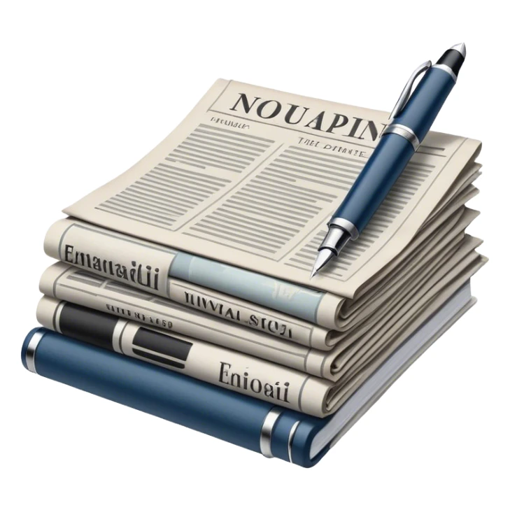 Create an emoji representing journalism and publicistic writing. The design should feature an open newspaper or a stack of articles with visible text columns, symbolizing opinion pieces and analysis. A classic fountain pen or ballpoint pen should be placed near the papers, indicating the act of writing. Optionally, include a small microphone or a press badge to emphasize investigative and journalistic aspects. Use neutral and professional colors like black, white, and muted blue or red. Do not include any emojis or smiley faces. Make the background transparent. sticker