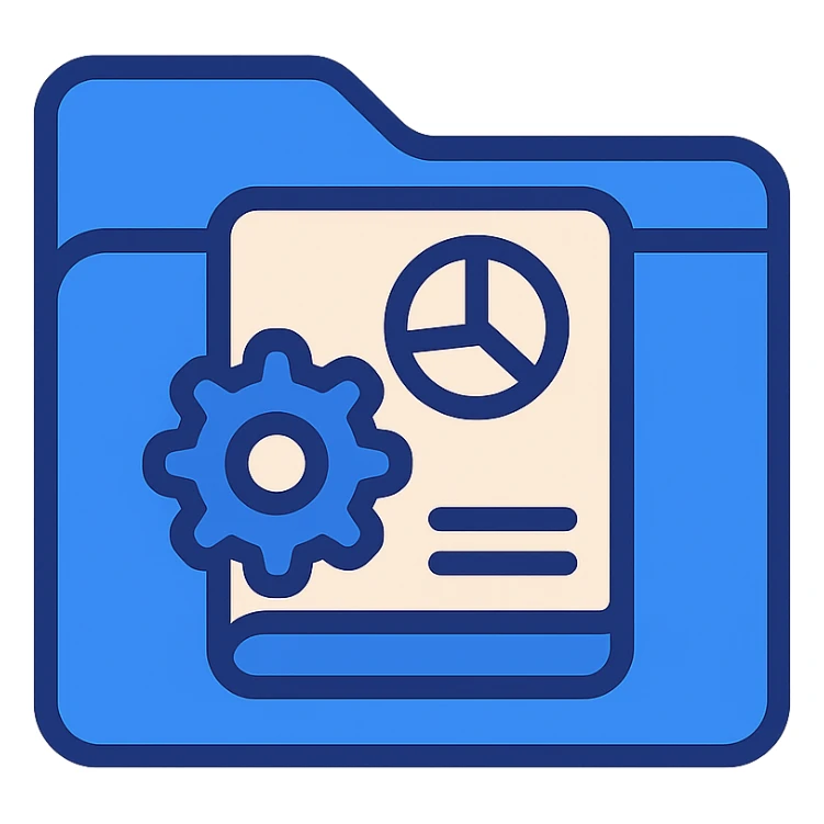 Place the book icon with gear and chart clearly visible and centered on the front of the blue folder. Keep the folder unchanged and leave some space around the edges. The style should be flat and modern with a fully transparent background, prioritizing clarity and recognizability. sticker