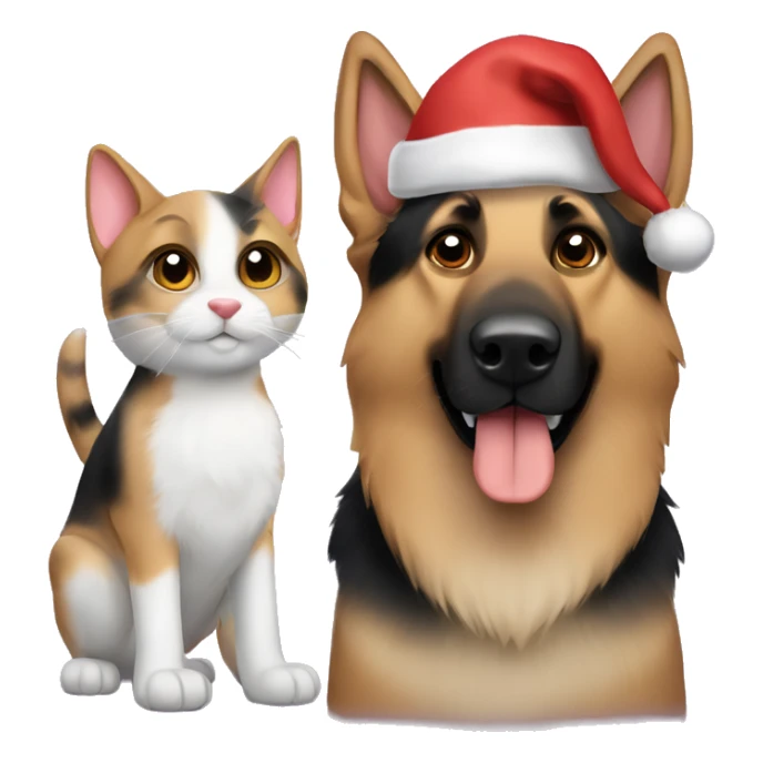 A German shepherd dog and a calico cat in Santa hats sticker
