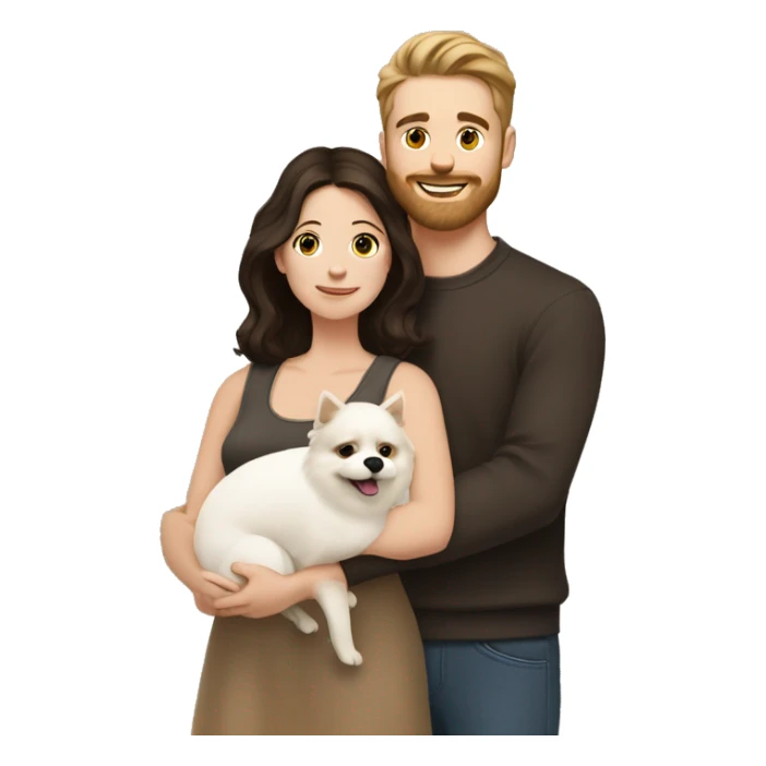 Young white man with short dark brown hair with a small beard hugging his white wife with dark brown hair and both of them hugging a beige and white Pomeranian  sticker