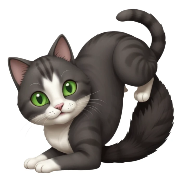 beautiful female solid dark grey cat with green eyes, white toes/paws and white patch on her chest playfully rolling upside down sticker