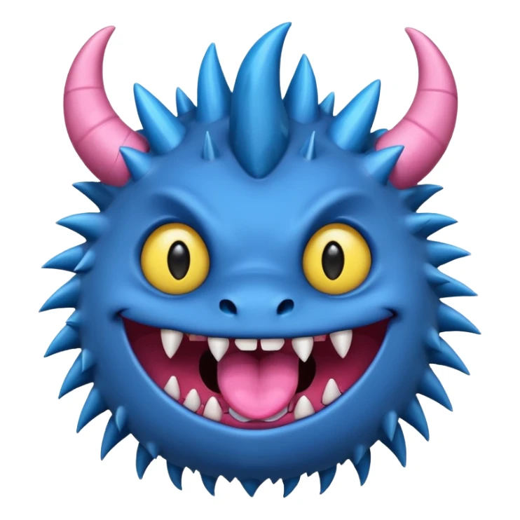 A blue monster with two small black horns, spiky fur, large round yellow eyes, a wide grin showing sharp teeth, and its tongue playfully sticking out to the side. sticker