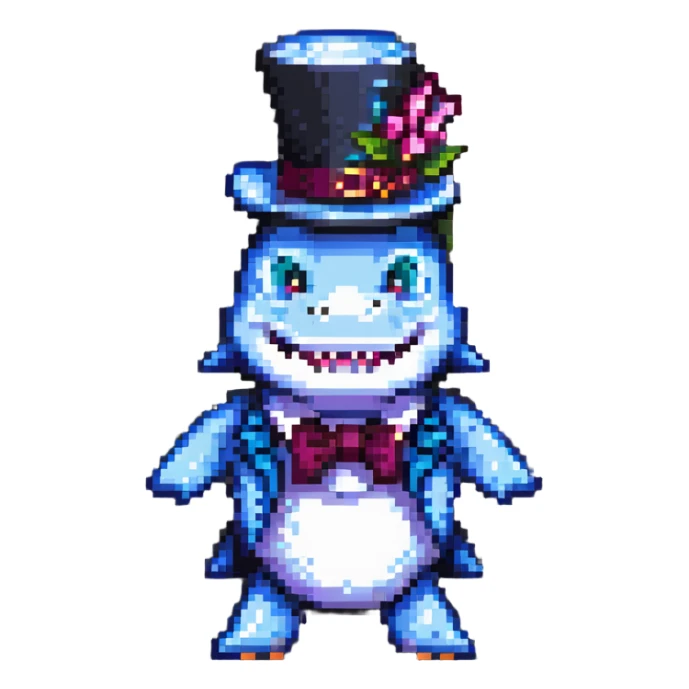 pixel art shark with a fancy tophat, simple background sticker