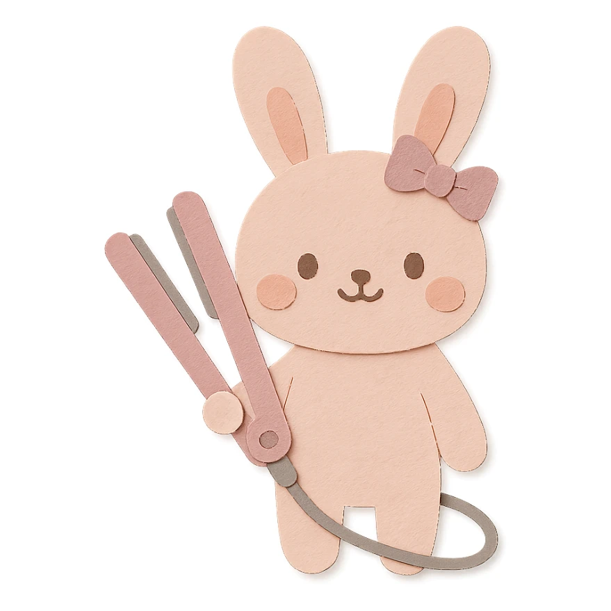 kawaii hair straightener bunny with a tiny bow, gentle happy face, soft pink, full-body sticker