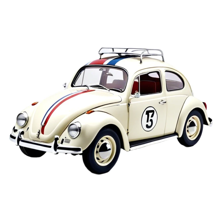 Volkswagen Beetle Herbie, 1963 model, painted in VW L87 Pearl White. It features two racing stripes running from the hood, over the roof, and down the back, one blue and one red. The number 53 is displayed in black inside a white circle with black borders on the hood. The car has classic chrome bumpers, vintage-style black and yellow license plates, and a racing stance, emphasizing its iconic movie look sticker