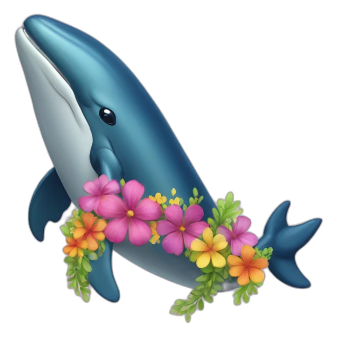 humpback whale wearing a colorful flower lei around its neck sticker