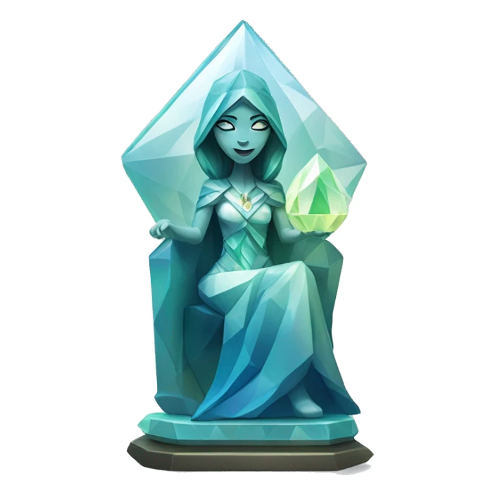 crystal sculpture oracle priestess with a geometric faceted design with disney features. Oracle of delphi is sparkling and standing upright on a base with angular and flower features. The blues neutrals and greens highlights the sharp edges and planes.  sticker