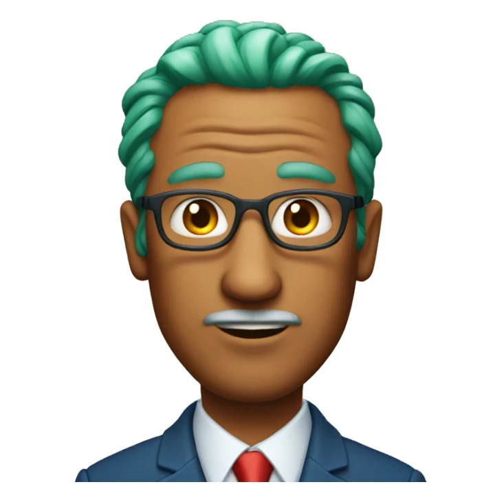 Older orange man with green hair and blue suit with red tie sticker
