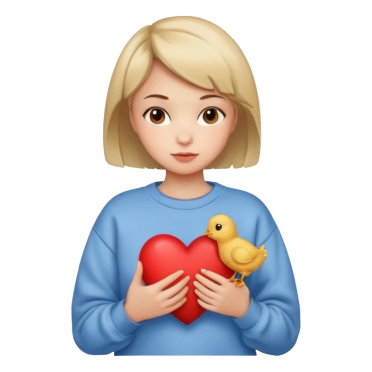 una niña con el pelo corto, con la sudadera de forma de pollito sujetando un corazón sticker