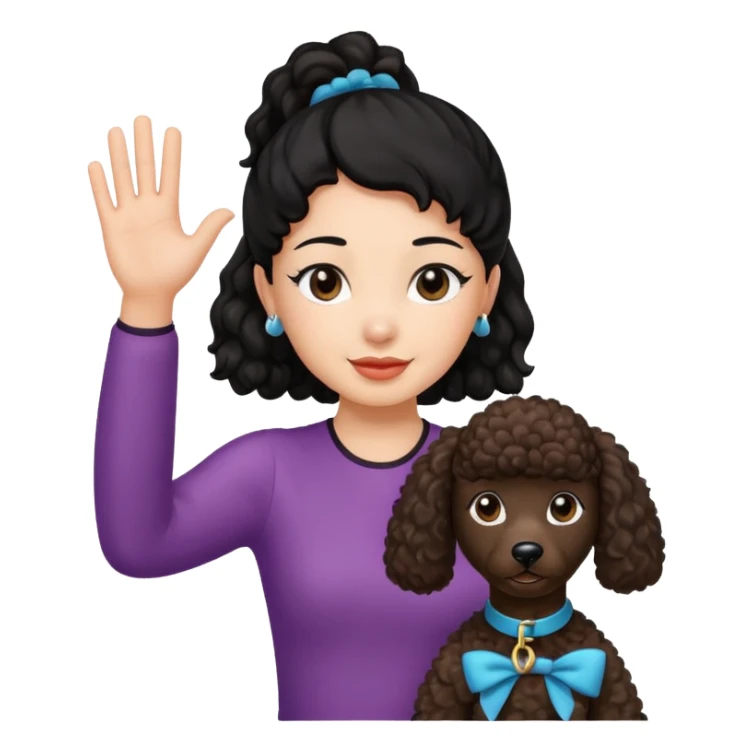 Ponytail black hair girl with brown Poodle say goodbye  sticker