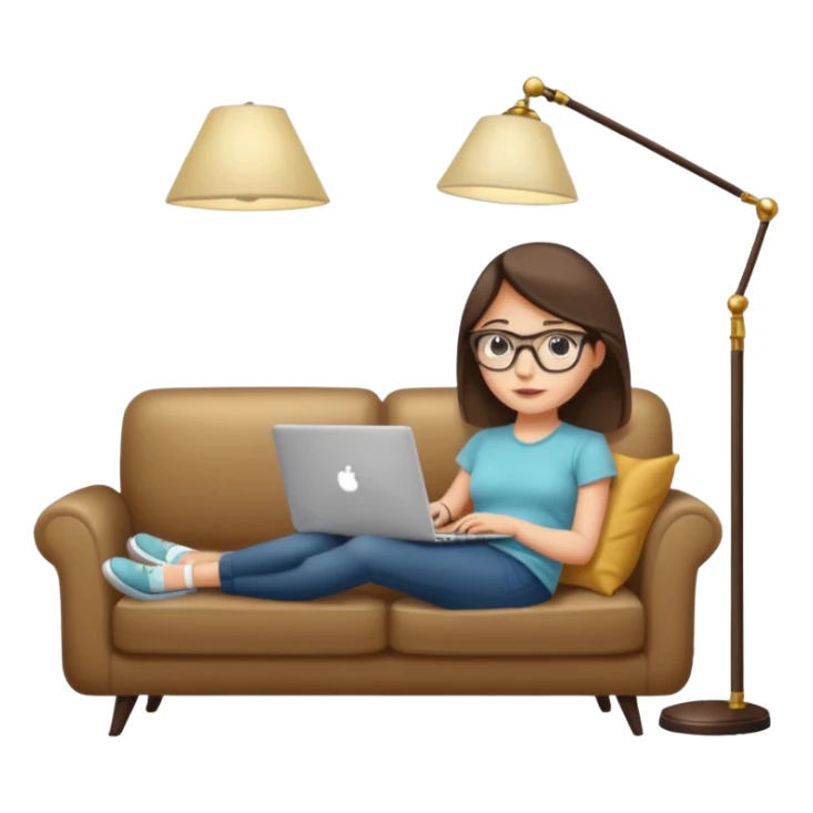 A girl is working with a laptop while lying on a sofa, with a floor lamp to the right. sticker