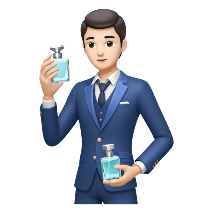 stylish man spraying perfume, holding a perfume bottle, mist spray in the air, elegant pose, 3D cartoon, mobile game icon style, clean background, no text, no watermark

 sticker